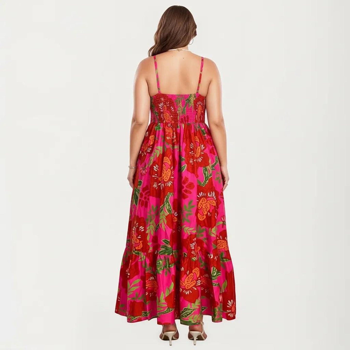 Anna-Kaci Women's Plus Size Floral Print Maxi Dress with Spaghetti Straps V Neck Fitted Bodice Flowy Skirt