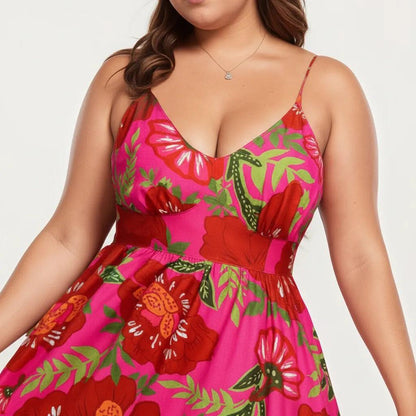Anna-Kaci Women's Plus Size Floral Print Maxi Dress with Spaghetti Straps V Neck Fitted Bodice Flowy Skirt