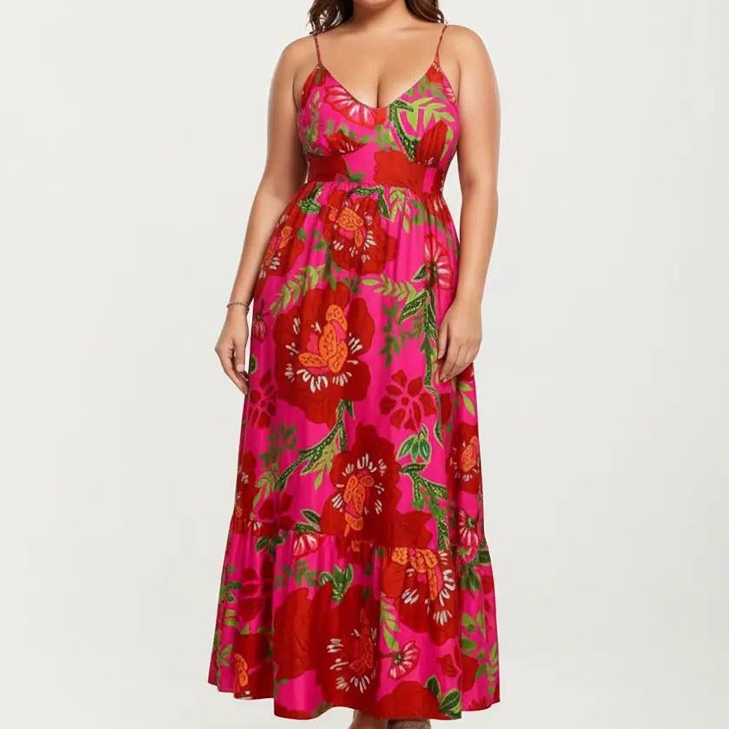 Anna-Kaci Women's Plus Size Floral Print Maxi Dress with Spaghetti Straps V Neck Fitted Bodice Flowy Skirt