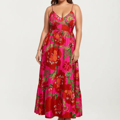 Anna-Kaci Women's Plus Size Floral Print Maxi Dress with Spaghetti Straps V Neck Fitted Bodice Flowy Skirt