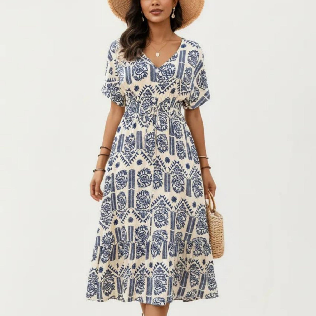 Anna-Kaci Short Sleeve Printed Midi Dress with V Neckline Drawstring Waist and Tiered Flowy Silhouette Design