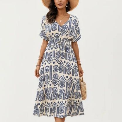 Anna-Kaci Short Sleeve Printed Midi Dress with V Neckline Drawstring Waist and Tiered Flowy Silhouette Design
