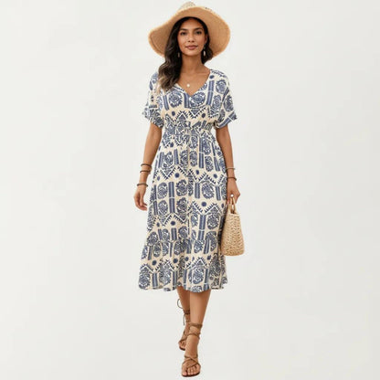 Anna-Kaci Short Sleeve Printed Midi Dress with V Neckline Drawstring Waist and Tiered Flowy Silhouette Design
