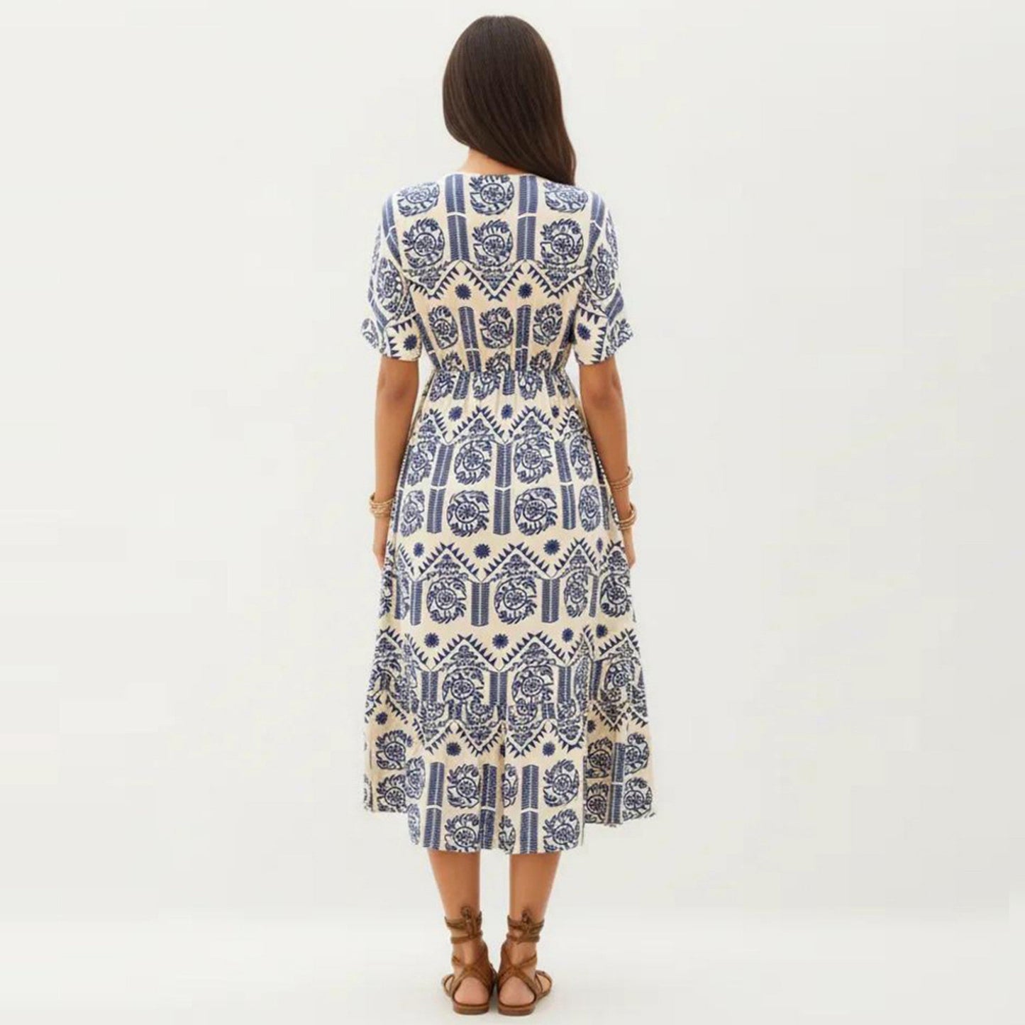 Anna-Kaci Short Sleeve Printed Midi Dress with V Neckline Drawstring Waist and Tiered Flowy Silhouette Design
