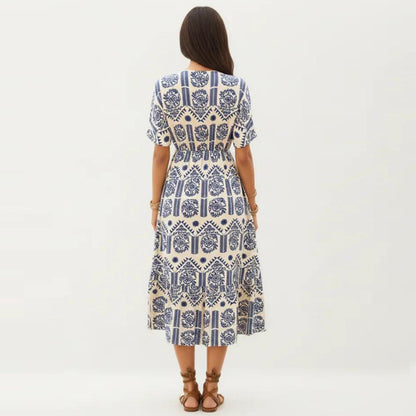 Anna-Kaci Short Sleeve Printed Midi Dress with V Neckline Drawstring Waist and Tiered Flowy Silhouette Design