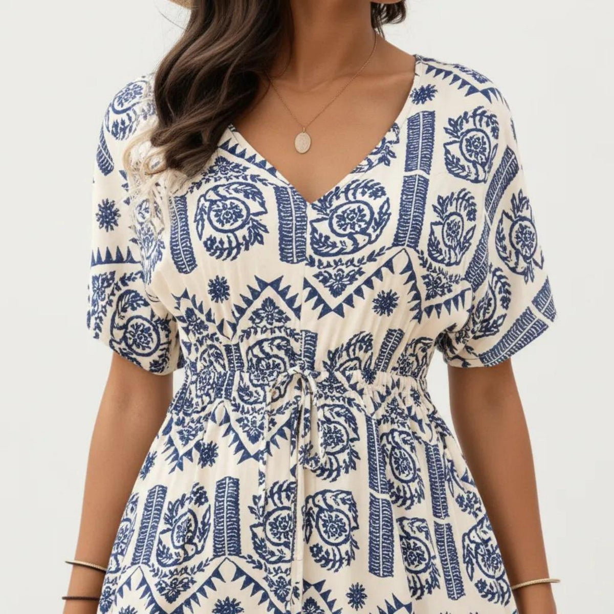 Anna-Kaci Short Sleeve Printed Midi Dress with V Neckline Drawstring Waist and Tiered Flowy Silhouette Design