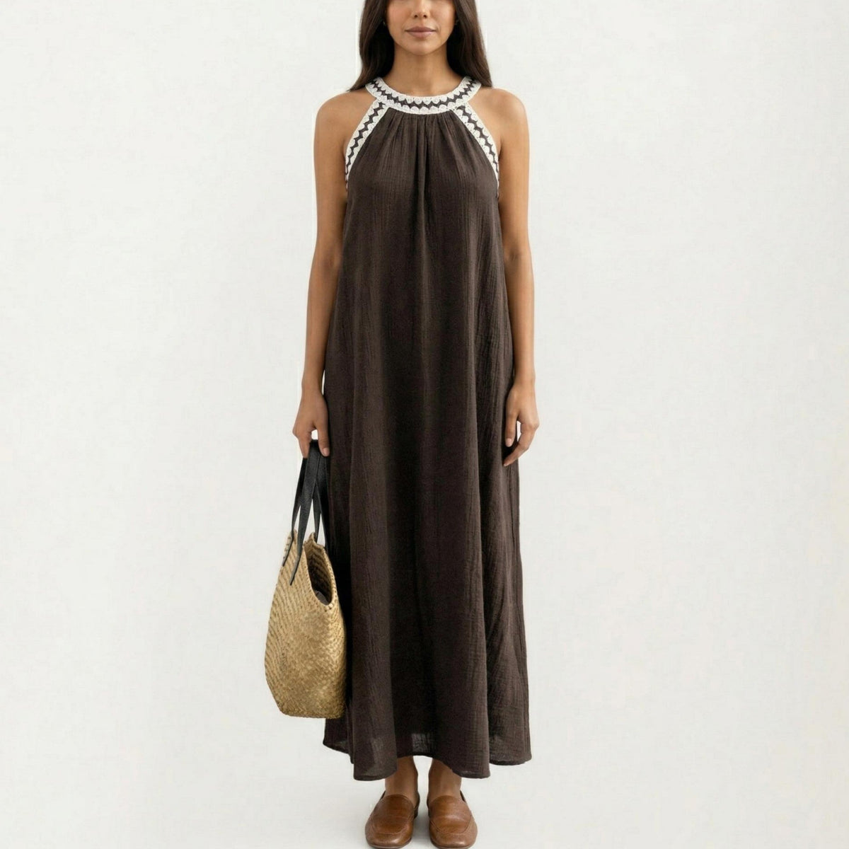 Anna-Kaci Sleeveless Halter Neck Maxi Dress with Contrast Trim Detail and Relaxed Flowy A-Line Silhouette