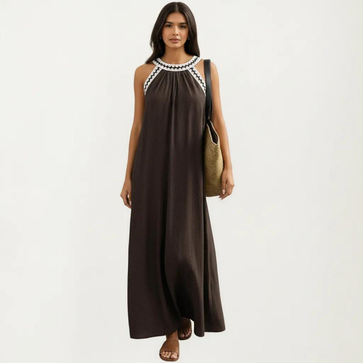 Anna-Kaci Sleeveless Halter Neck Maxi Dress with Contrast Trim Detail and Relaxed Flowy A-Line Silhouette