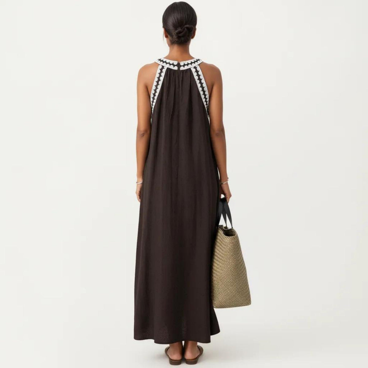 Anna-Kaci Sleeveless Halter Neck Maxi Dress with Contrast Trim Detail and Relaxed Flowy A-Line Silhouette