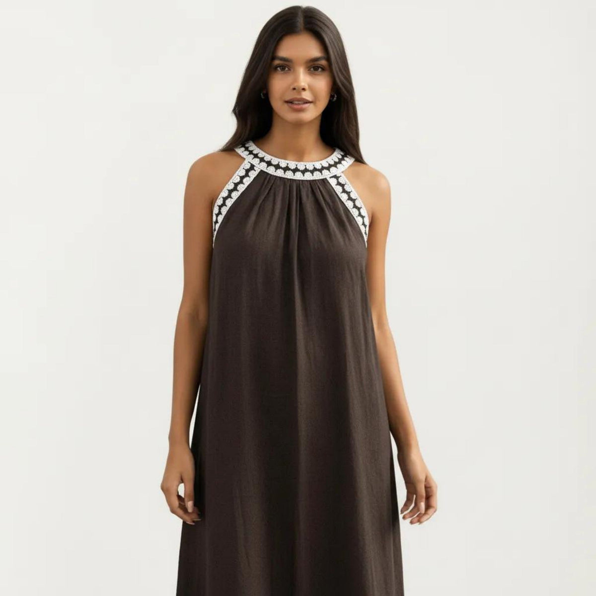 Anna-Kaci Sleeveless Halter Neck Maxi Dress with Contrast Trim Detail and Relaxed Flowy A-Line Silhouette