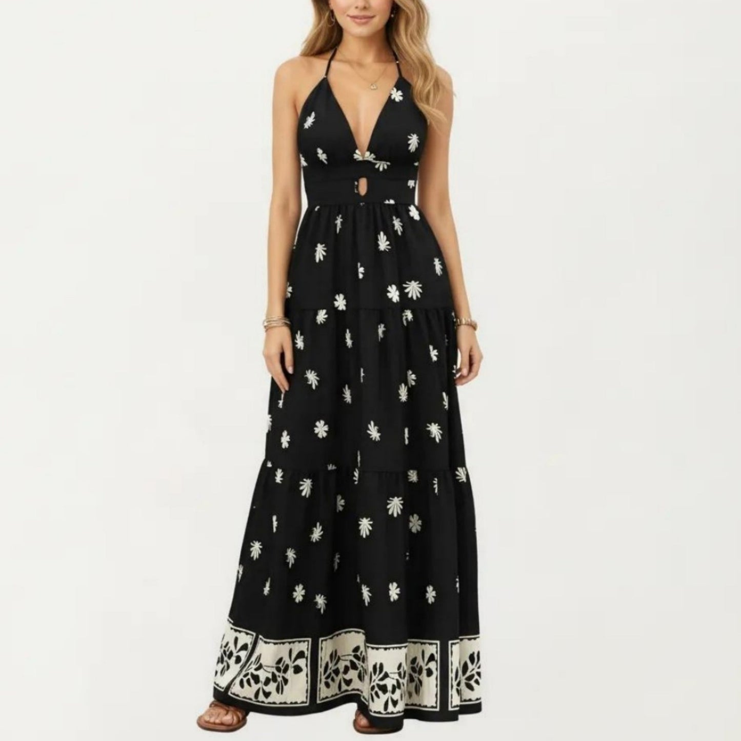 Anna-Kaci Sleeveless Halter Neck Maxi Dress with Floral Print Keyhole Detail and Tiered Flowy Silhouette