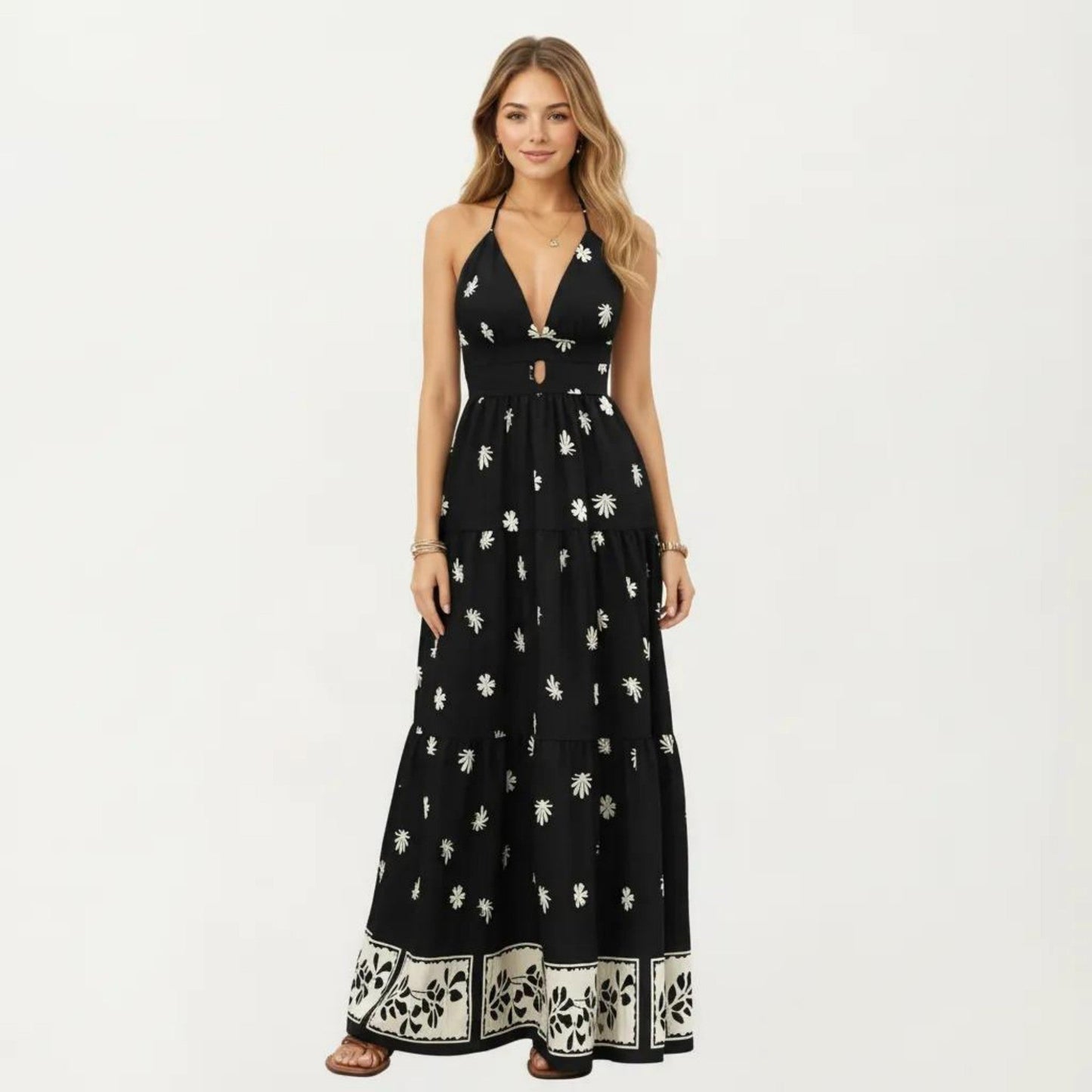 Anna-Kaci Sleeveless Halter Neck Maxi Dress with Floral Print Keyhole Detail and Tiered Flowy Silhouette
