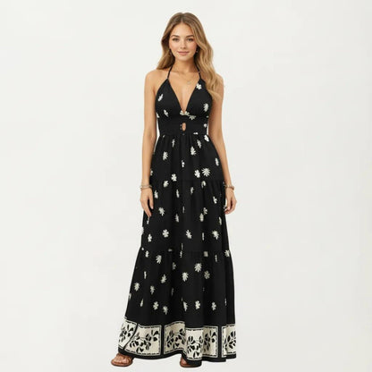 Anna-Kaci Sleeveless Halter Neck Maxi Dress with Floral Print Keyhole Detail and Tiered Flowy Silhouette