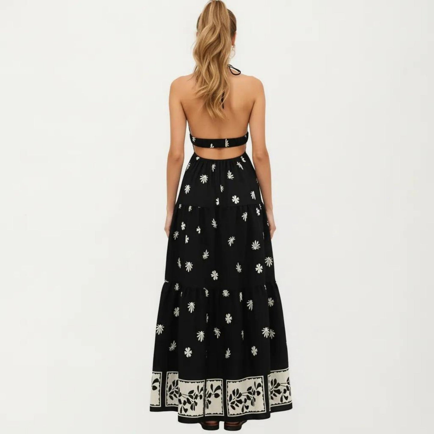 Anna-Kaci Sleeveless Halter Neck Maxi Dress with Floral Print Keyhole Detail and Tiered Flowy Silhouette