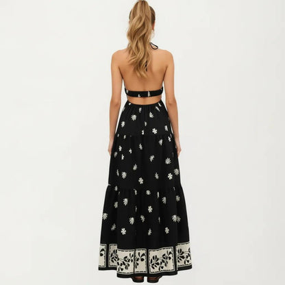 Anna-Kaci Sleeveless Halter Neck Maxi Dress with Floral Print Keyhole Detail and Tiered Flowy Silhouette