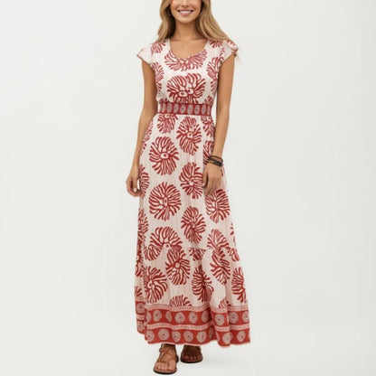 Anna-Kaci Short Sleeve Maxi Dress with Printed Design V Neckline Smocked Waist and Tiered Flowy Silhouette