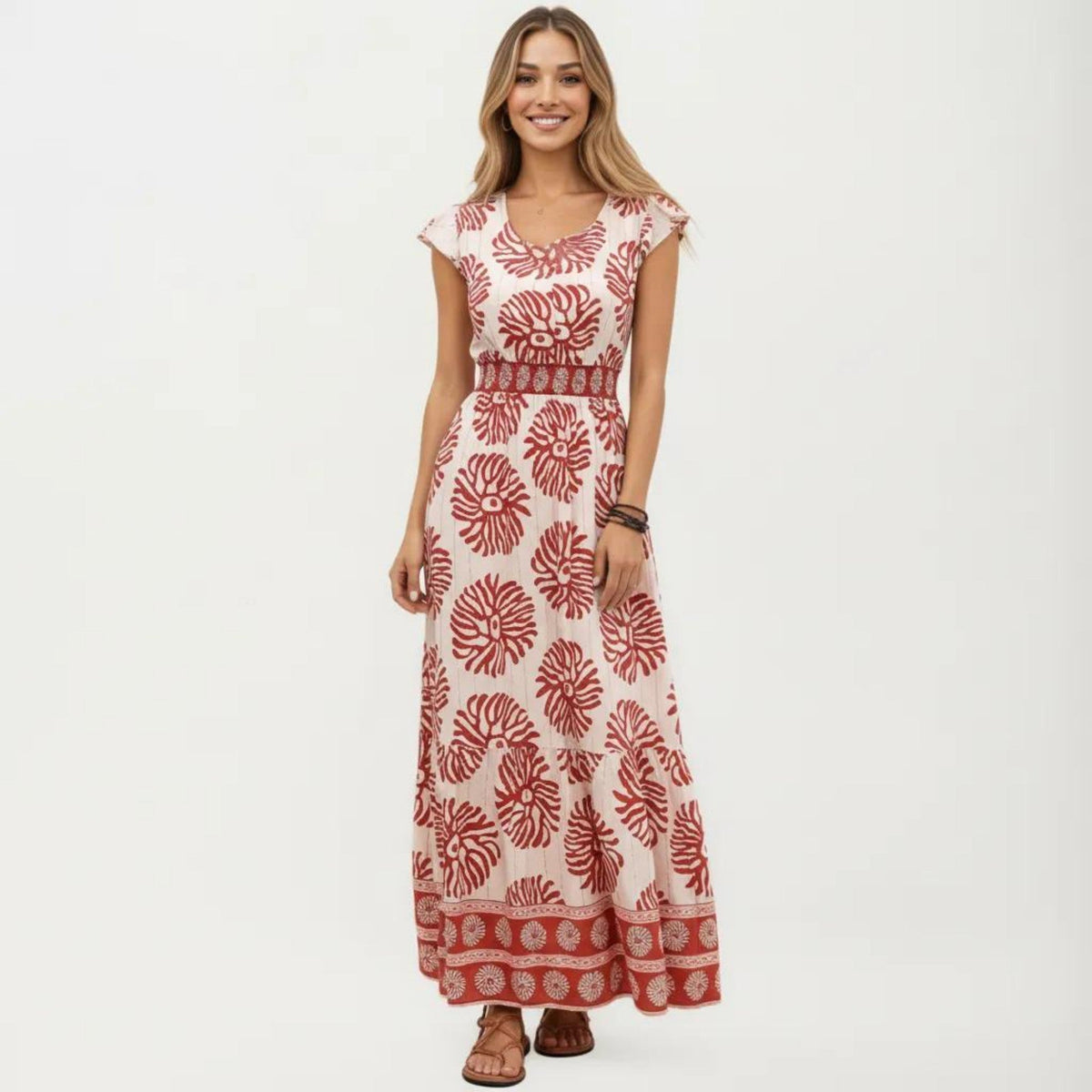 Anna-Kaci Short Sleeve Maxi Dress with Printed Design V Neckline Smocked Waist and Tiered Flowy Silhouette