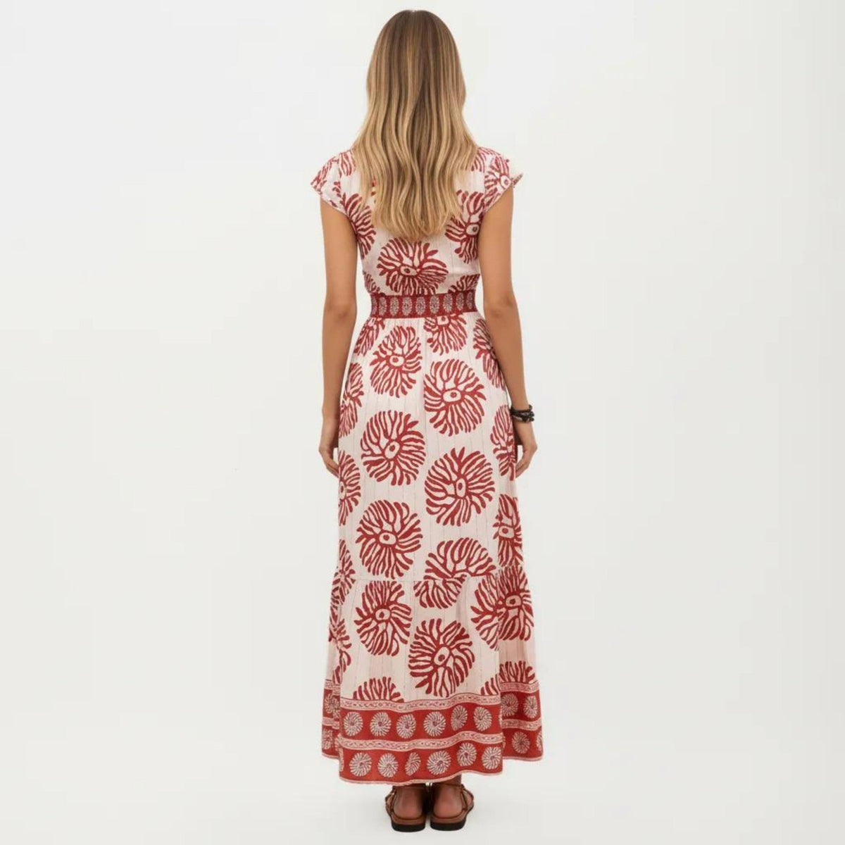 Anna-Kaci Short Sleeve Maxi Dress with Printed Design V Neckline Smocked Waist and Tiered Flowy Silhouette