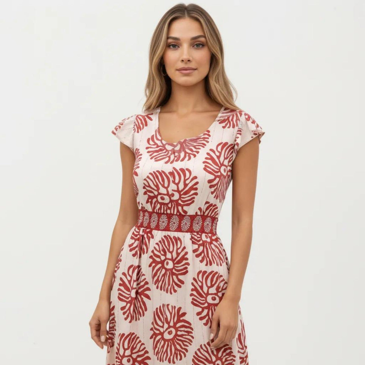 Anna-Kaci Short Sleeve Maxi Dress with Printed Design V Neckline Smocked Waist and Tiered Flowy Silhouette