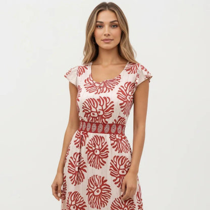 Anna-Kaci Short Sleeve Maxi Dress with Printed Design V Neckline Smocked Waist and Tiered Flowy Silhouette