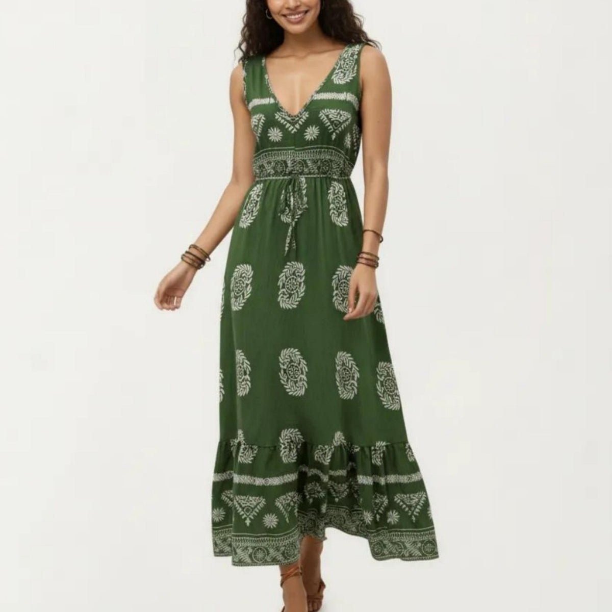 Anna-Kaci Sleeveless V Neck Maxi Dress with Bohemian Print Tiered Hem Detail and Relaxed Flowy Fit Design