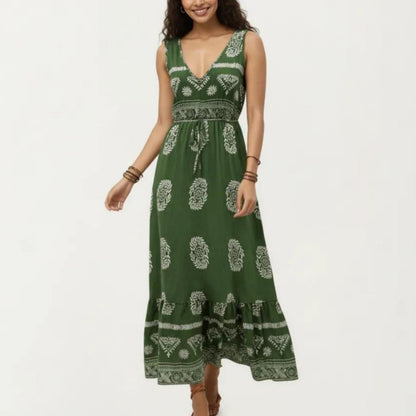 Anna-Kaci Sleeveless V Neck Maxi Dress with Bohemian Print Tiered Hem Detail and Relaxed Flowy Fit Design