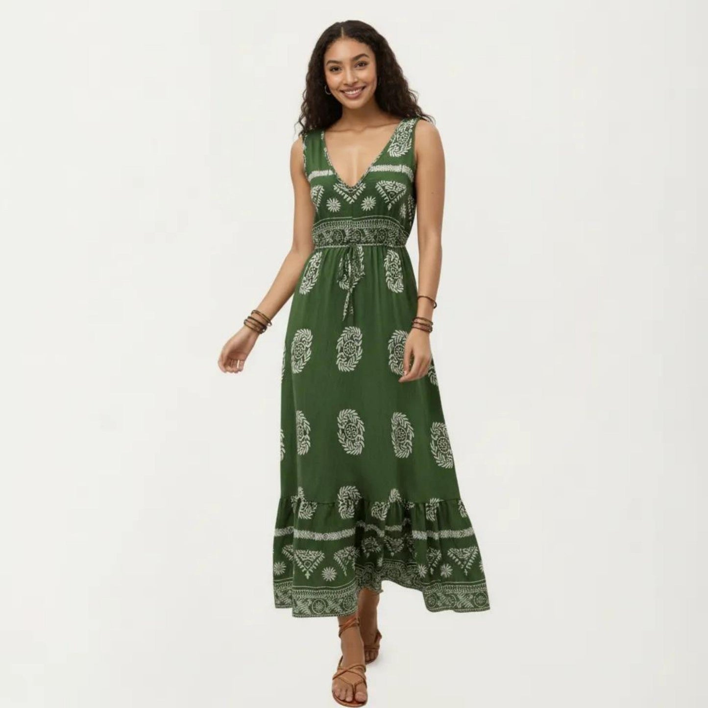 Anna-Kaci Sleeveless V Neck Maxi Dress with Bohemian Print Tiered Hem Detail and Relaxed Flowy Fit Design