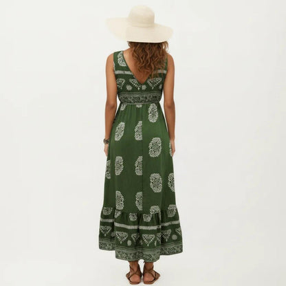 Anna-Kaci Sleeveless V Neck Maxi Dress with Bohemian Print Tiered Hem Detail and Relaxed Flowy Fit Design