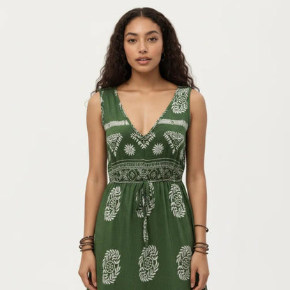 Anna-Kaci Sleeveless V Neck Maxi Dress with Bohemian Print Tiered Hem Detail and Relaxed Flowy Fit Design