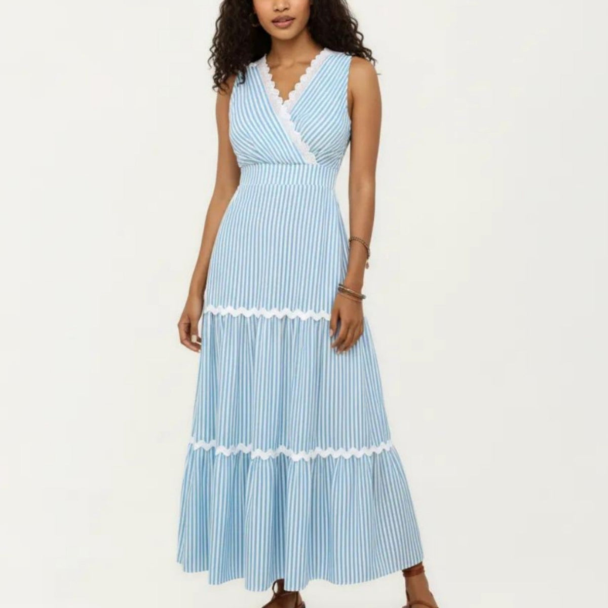 Anna-Kaci Sleeveless Striped Maxi Dress with V Neckline Contrast Trim Detail and Tiered Flowy Silhouette