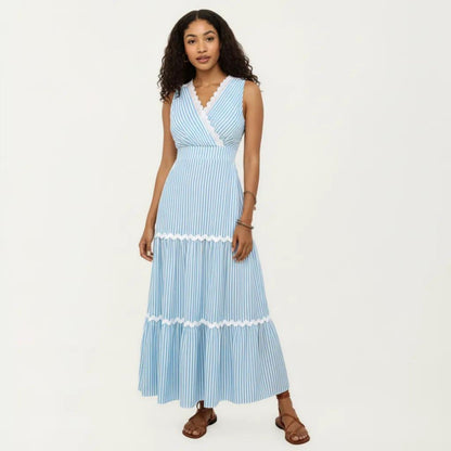 Anna-Kaci Sleeveless Striped Maxi Dress with V Neckline Contrast Trim Detail and Tiered Flowy Silhouette