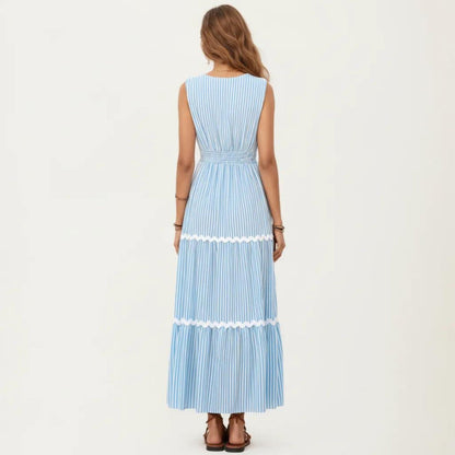 Anna-Kaci Sleeveless Striped Maxi Dress with V Neckline Contrast Trim Detail and Tiered Flowy Silhouette