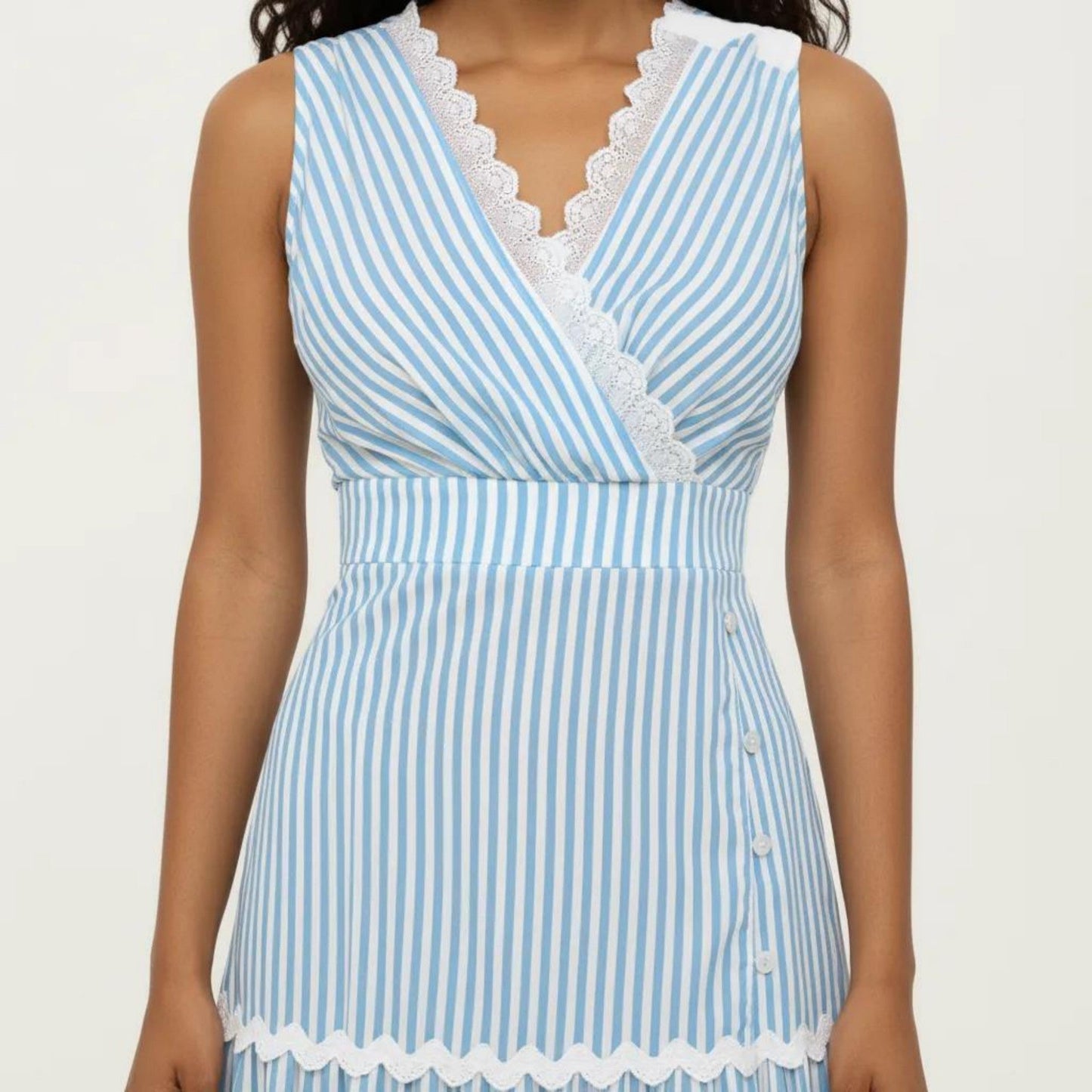 Anna-Kaci Sleeveless Striped Maxi Dress with V Neckline Contrast Trim Detail and Tiered Flowy Silhouette