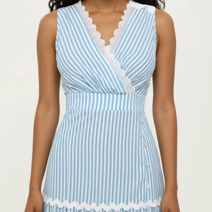 Anna-Kaci Sleeveless Striped Maxi Dress with V Neckline Contrast Trim Detail and Tiered Flowy Silhouette