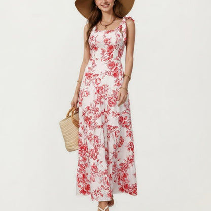 Anna-Kaci Sleeveless Floral Maxi Dress with Ruffle Strap Detail Square Neck and Tiered Skirt Flowy Design
