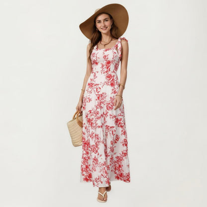 Anna-Kaci Sleeveless Floral Maxi Dress with Ruffle Strap Detail Square Neck and Tiered Skirt Flowy Design
