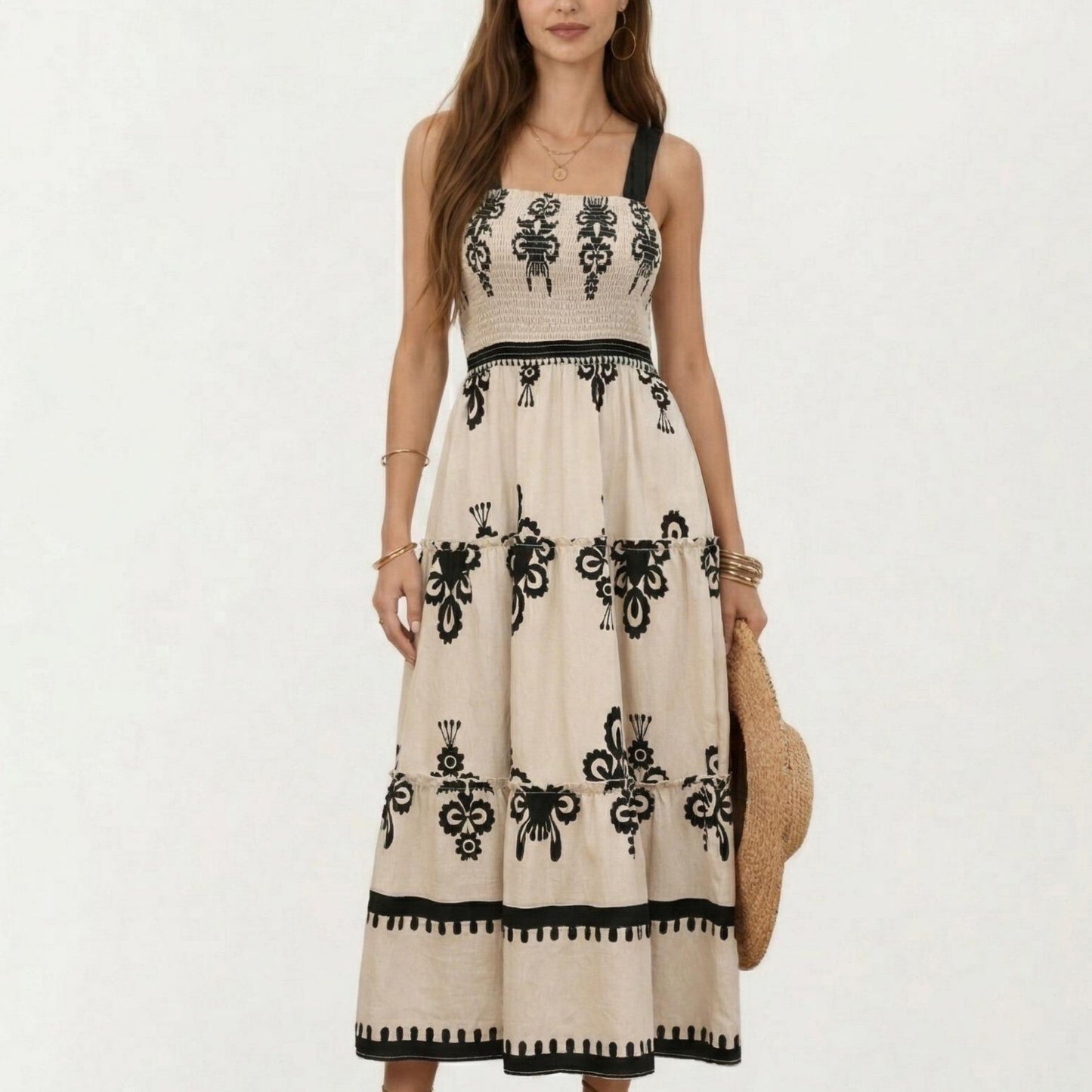 Anna-Kaci Sleeveless Smocked Midi Dress with Wide Straps Tiered Skirt and Bohemian Floral Print Design