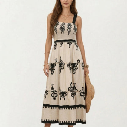 Anna-Kaci Sleeveless Smocked Midi Dress with Wide Straps Tiered Skirt and Bohemian Floral Print Design
