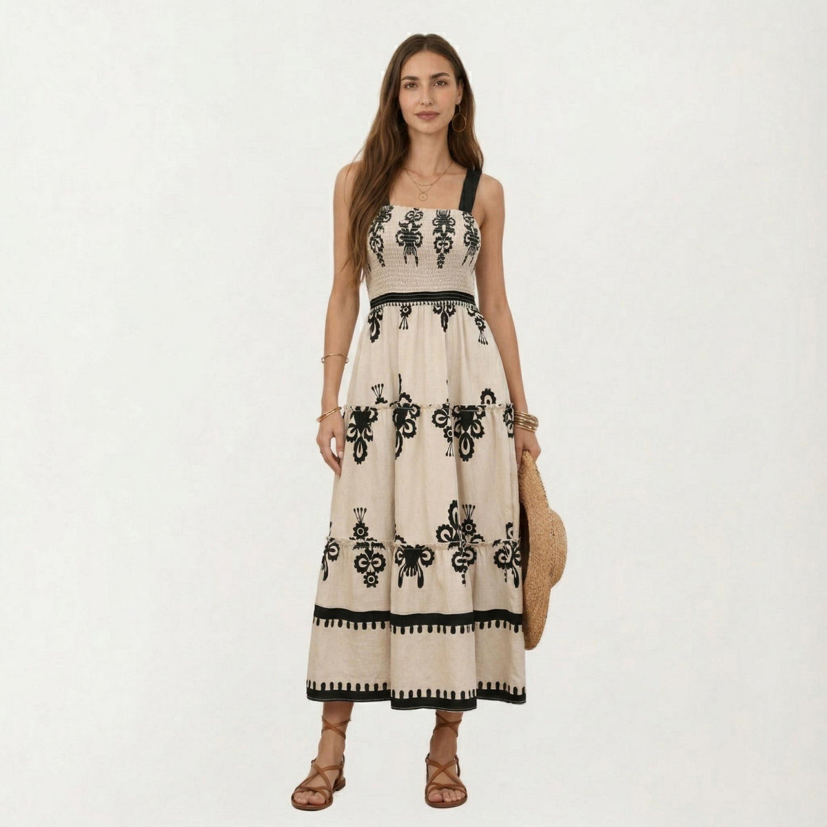 Anna-Kaci Sleeveless Smocked Midi Dress with Wide Straps Tiered Skirt and Bohemian Floral Print Design
