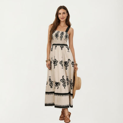 Anna-Kaci Sleeveless Smocked Midi Dress with Wide Straps Tiered Skirt and Bohemian Floral Print Design