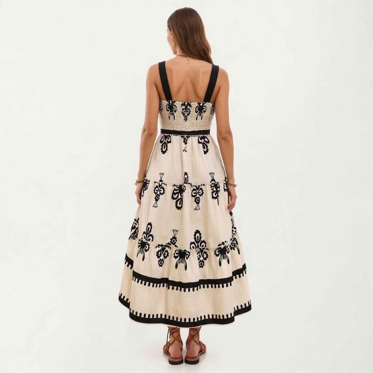 Anna-Kaci Sleeveless Smocked Midi Dress with Wide Straps Tiered Skirt and Bohemian Floral Print Design