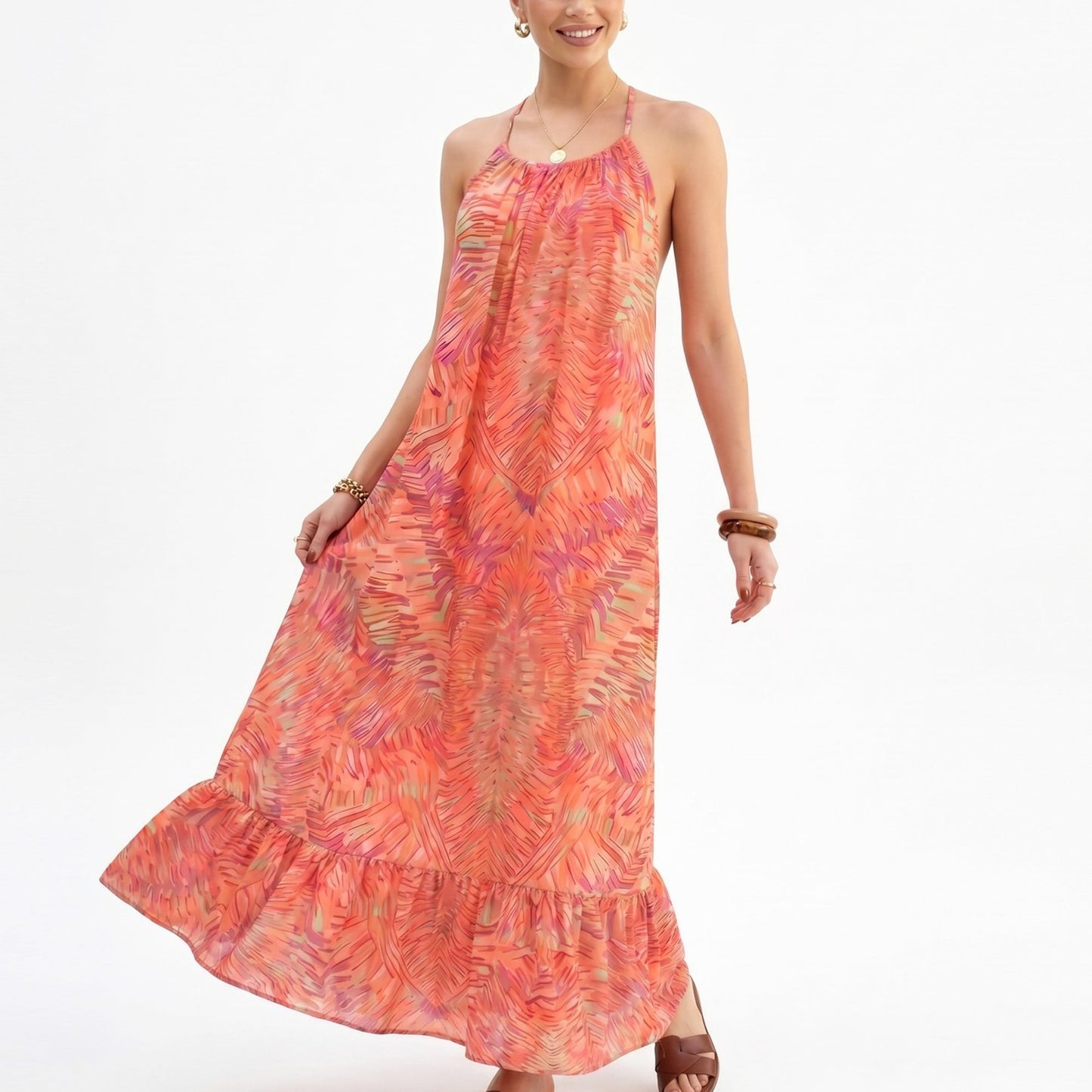 Anna-Kaci Women's Halter Maxi Dress with Open Back Tie Detail and Ruffle Hem