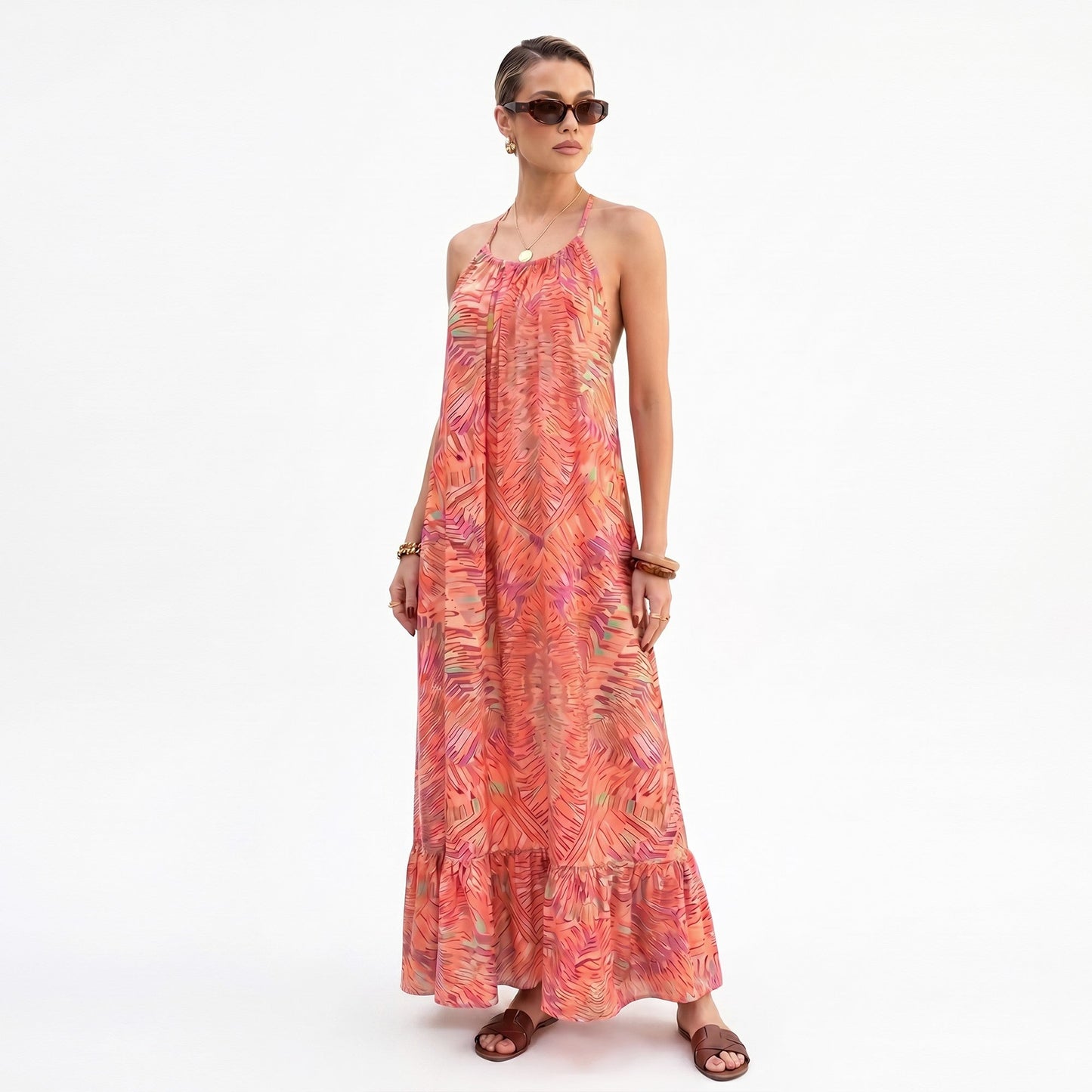 Anna-Kaci Women's Halter Maxi Dress with Open Back Tie Detail and Ruffle Hem