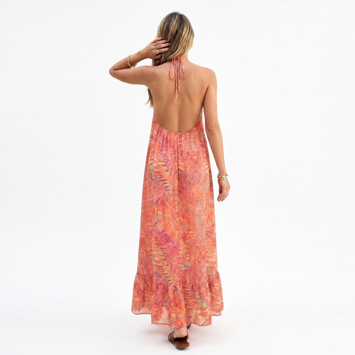 Anna-Kaci Women's Halter Maxi Dress with Open Back Tie Detail and Ruffle Hem