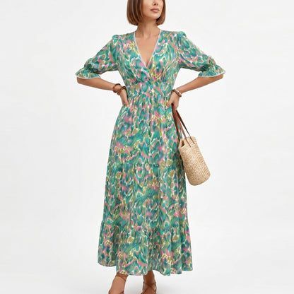 Anna-Kaci Women's Printed Midi Dress with V Neckline Smocked Waist and Tiered Skirt