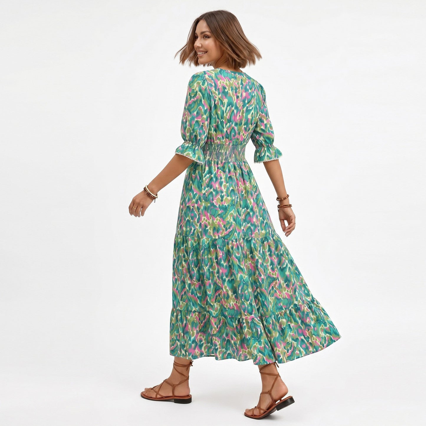 Anna-Kaci Women's Printed Midi Dress with V Neckline Smocked Waist and Tiered Skirt