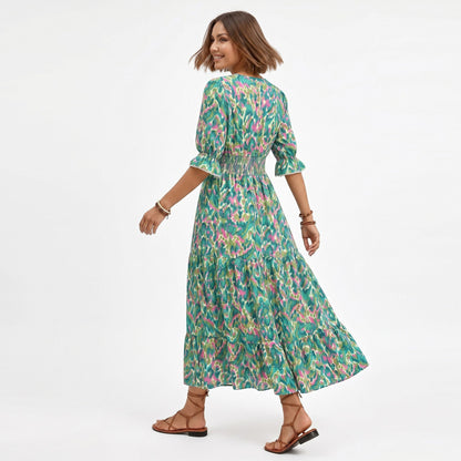 Anna-Kaci Women's Printed Midi Dress with V Neckline Smocked Waist and Tiered Skirt