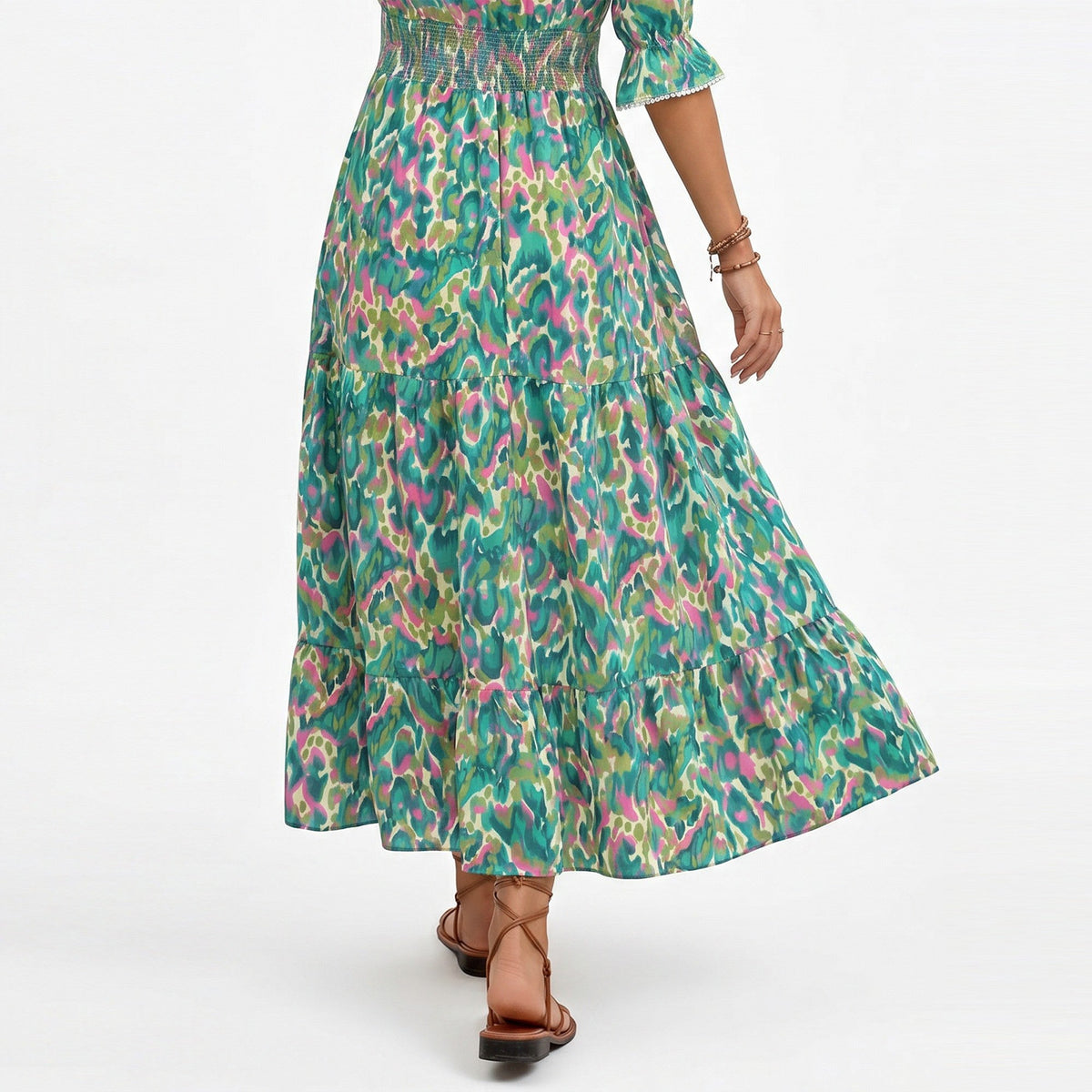 Anna-Kaci Women's Printed Midi Dress with V Neckline Smocked Waist and Tiered Skirt