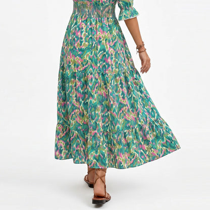Anna-Kaci Women's Printed Midi Dress with V Neckline Smocked Waist and Tiered Skirt
