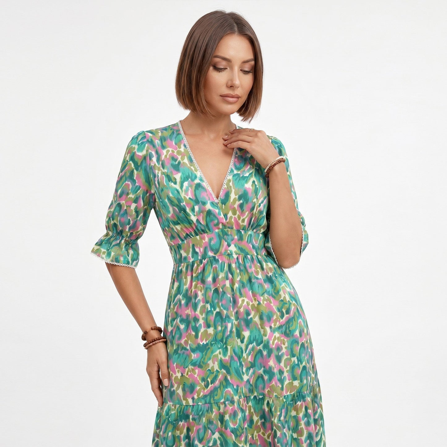 Anna-Kaci Women's Printed Midi Dress with V Neckline Smocked Waist and Tiered Skirt